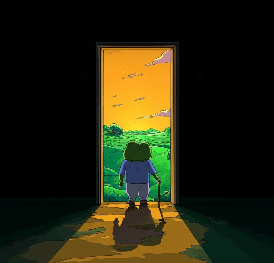 Apu opens a door onto a sunlit green world.